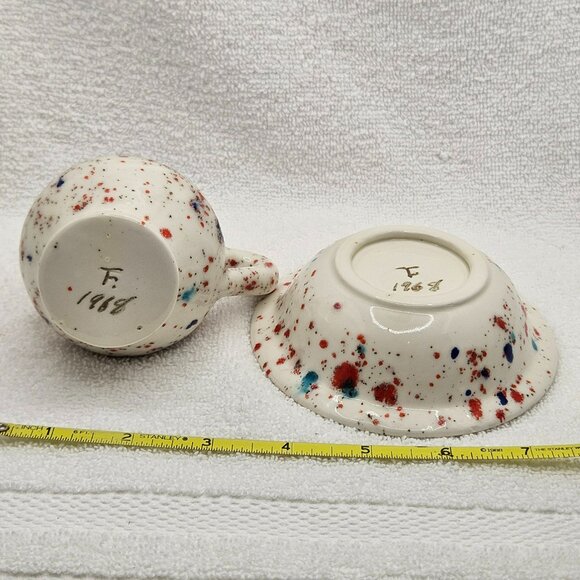 Pitcher Bowl Pottery Set Miniature Orange Blue Teal Glaze Signed F 1968 Vtg - Picture 6 of 8